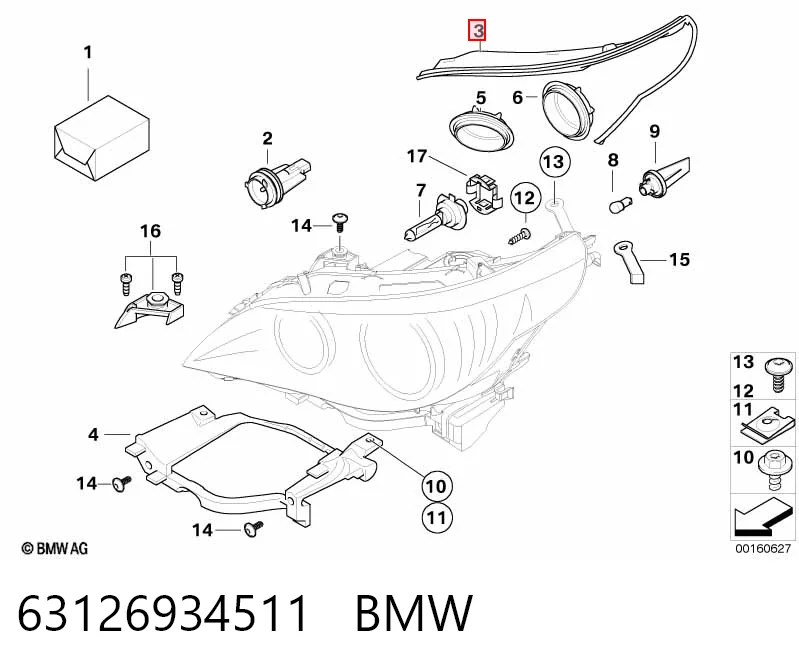 63126934511 BMW Прокладка скла фари, лівої