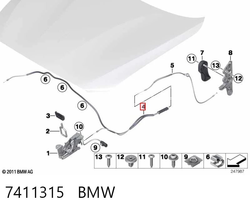 7411315 BMW Трос відкриття капота, передній