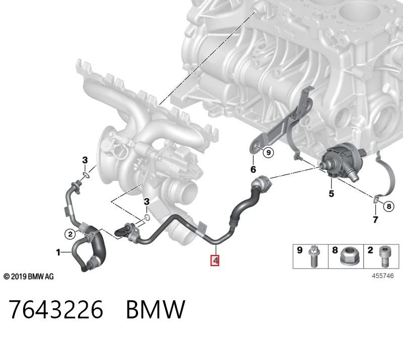 7643226 BMW Шланг/патрубок рідинного охолодження турбіни, обратка